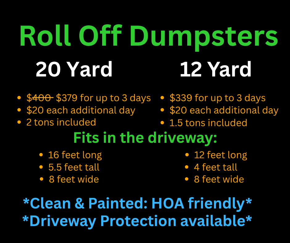 20 yard $379, 12 yard $339; fit in the driveway, click to book now