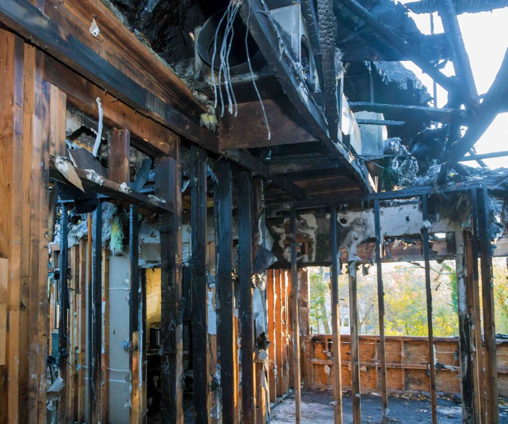 A photo of a burned out house prior to the start of a fire damage restoration project.