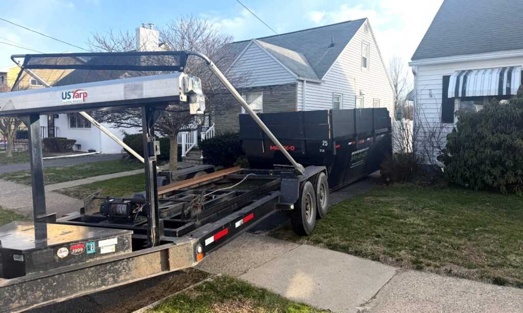 Dumpster rental in West Wyoming PA placed in residential driveway by Gary’s Dumpsters