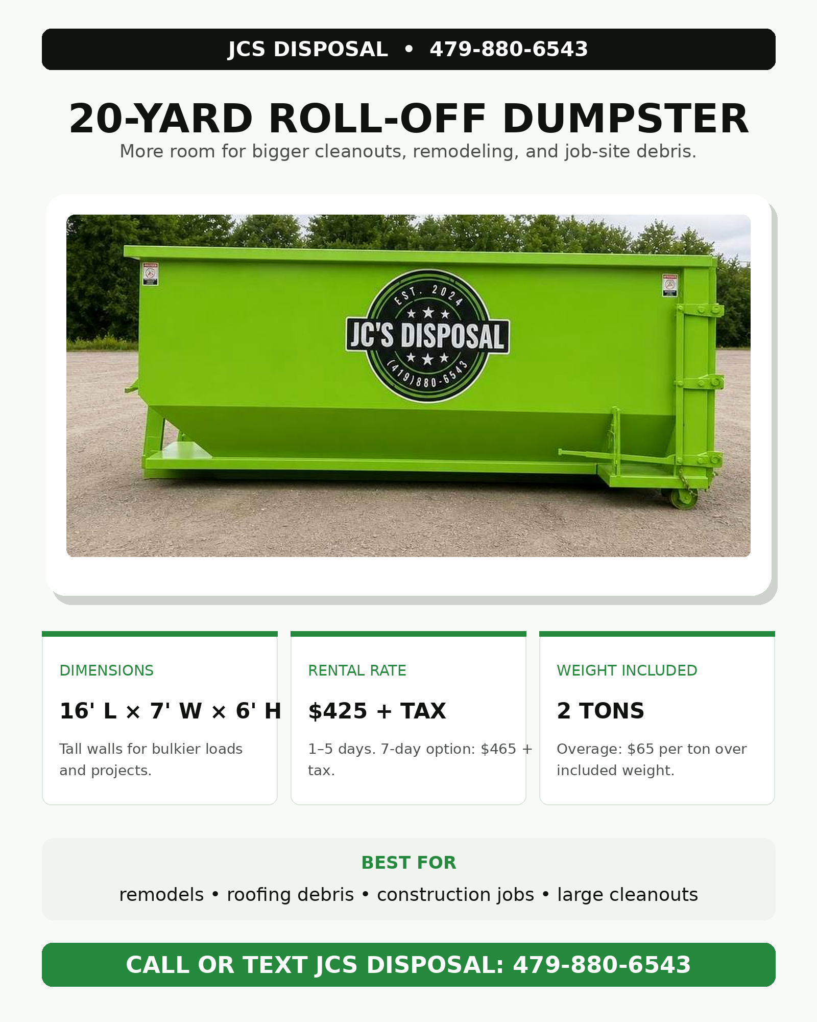 20-yard JCS Disposal roll-off dumpster rental graphic with dimensions, rental rate, and weight included