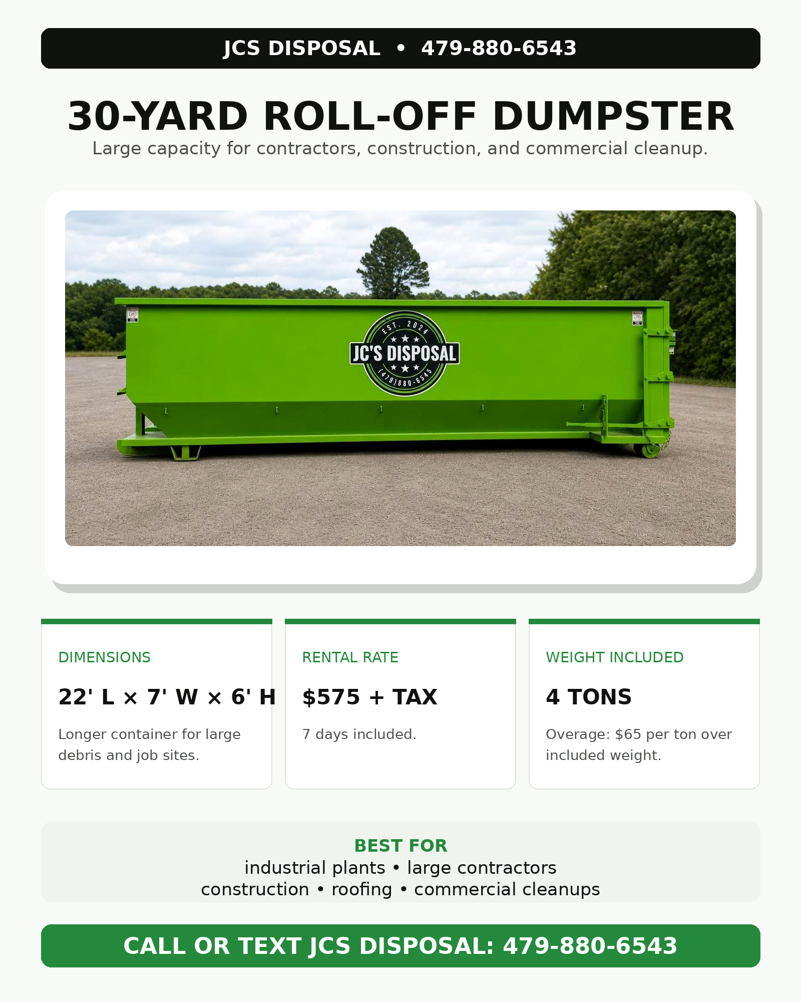 30-yard JCS Disposal roll-off dumpster graphic for industrial plants, larger contractors, construction, roofing, and commercial cleanups