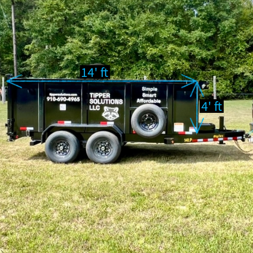 14-foot Tipper Solutions dump trailer with dimensions labeled, illustrating 4 feet height and 14 feet length